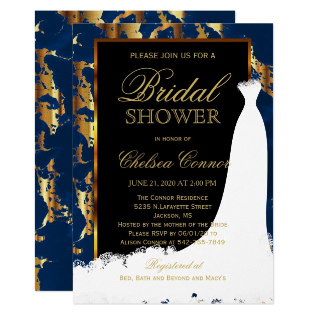Gold Marble, Black And Blue Bridal Invitation