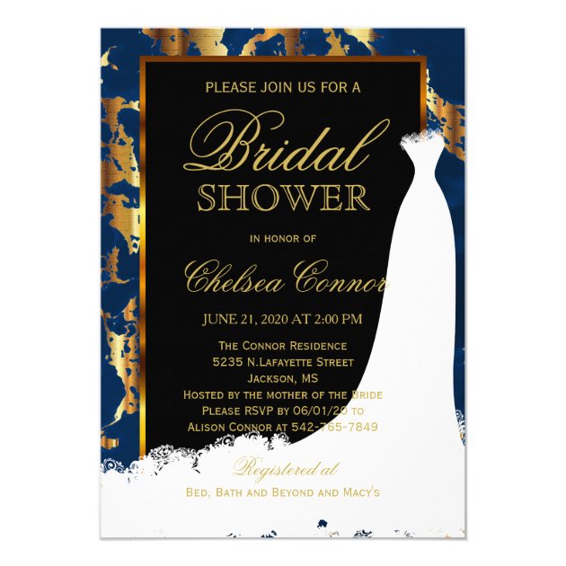 Gold Marble, Black And Blue Bridal Invitation