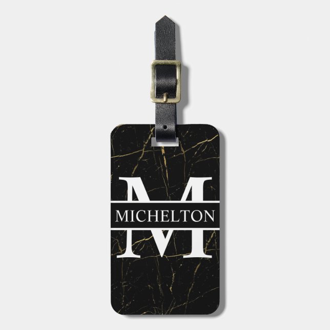 Gold Marble Black Personalized Luggage Tag (Front Vertical)