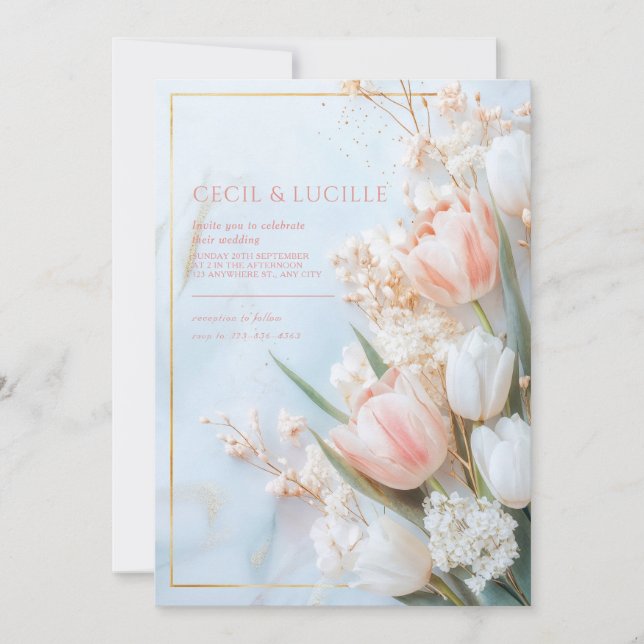 Gold Marble Blush Pink Tulip Spring Wedding Invitation (Front)