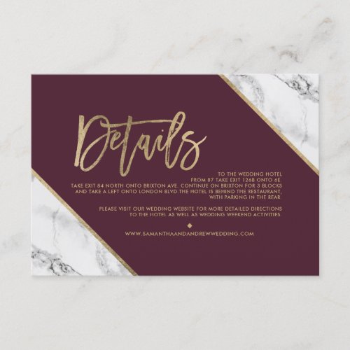 Gold marble burgundy script wedding direction enclosure card