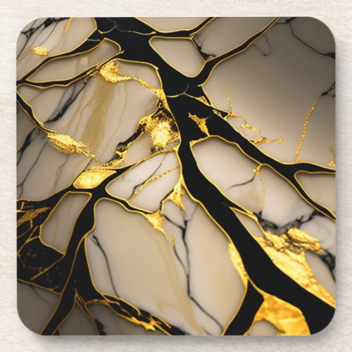Gold Marble Ceramic with Black Crystalline Veins Beverage Coaster