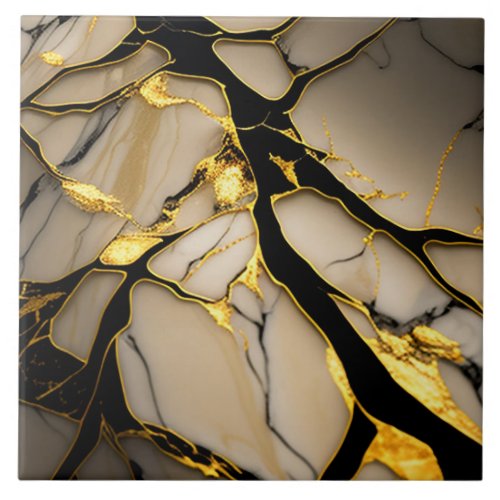 Gold Marble Ceramic with Black Crystalline Veins Ceramic Tile