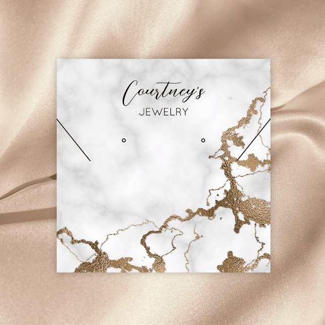 Gold Marble Chic Bracelet Earring Jewelry Display Square Business Card (Marble and gold glitter jewelry packaging cards with elegant calligraphy font and business details)