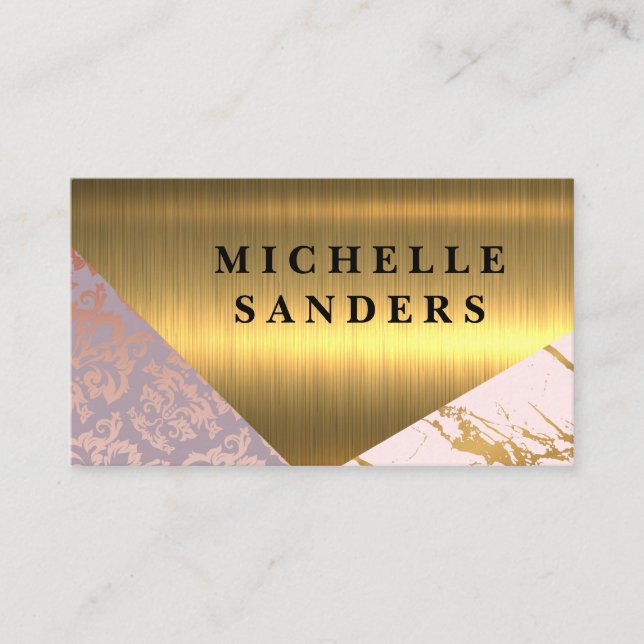 Gold Marble | Damask Pattern Rose | Gold Metal Business Card (Front)
