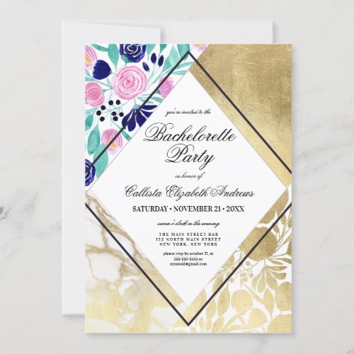 Gold Marble Floral Watercolor Boozy Bachelorette Invitation