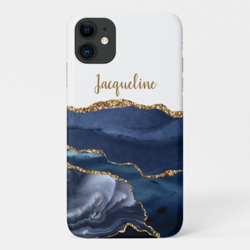 Gold Marble Geode Navy Dusty Blue Modern Name iPhone 11 Case