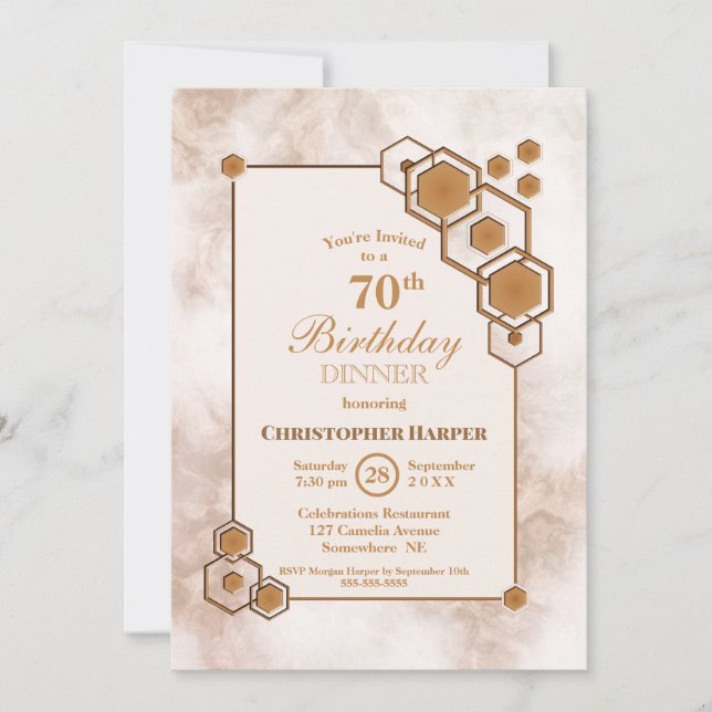 Gold Marble Geometric 70th Birthday Dinner Party Invitation (Front)