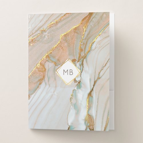 Gold marble geometric agate frame chic monogram pocket folder