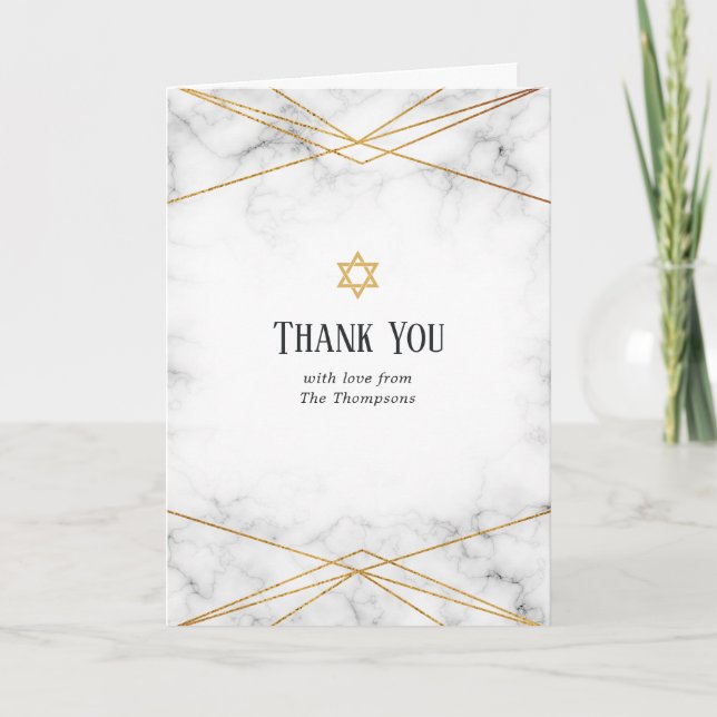 Gold Marble Geometric Bat Mitzvah  Thank You Card (Front)