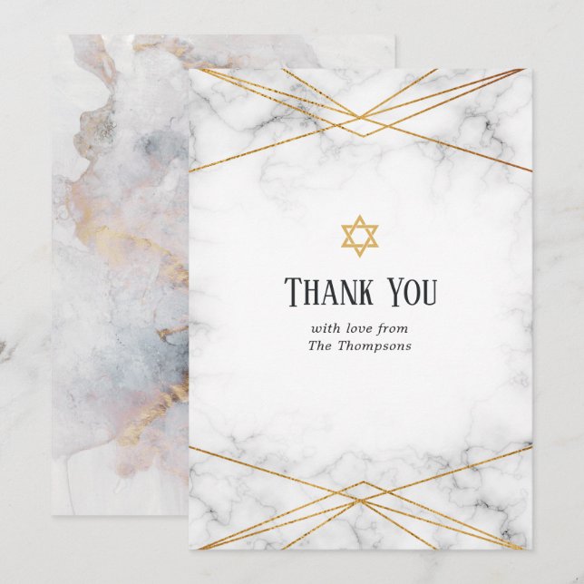 Gold Marble Geometric Bat Mitzvah Thank You Card (Front/Back)