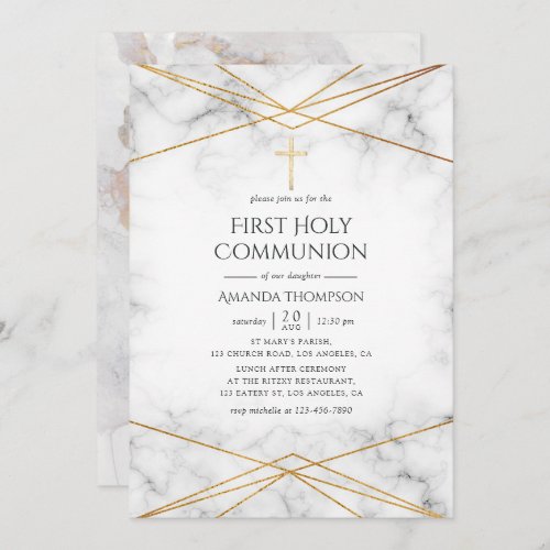 Gold Marble Geometric First Holy Communion Invitation