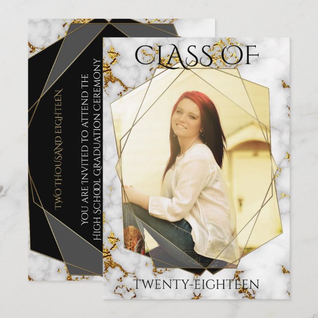 Gold Marble Geometric Gold PHOTO Frame Graduation Invitation (Front/Back)