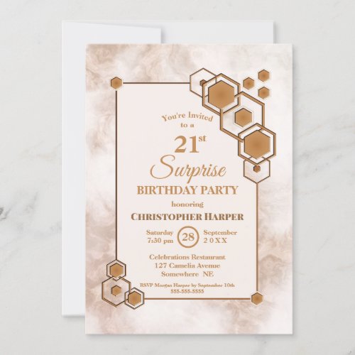 Gold Marble Geometric Surprise 21st Birthday Party Invitation