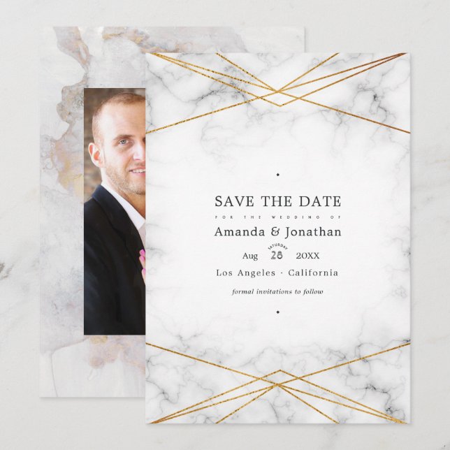 Gold Marble Geometric Wedding Photo Save The Date (Front/Back)