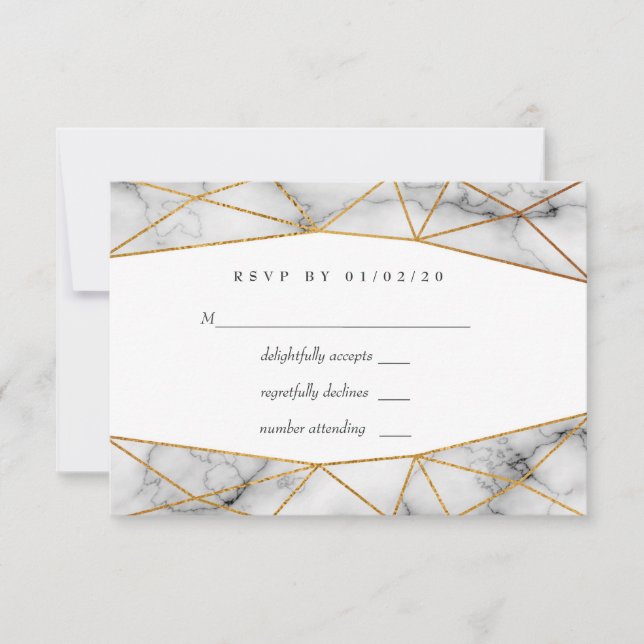 Gold Marble Geometric Wedding RSVP Card (Front)