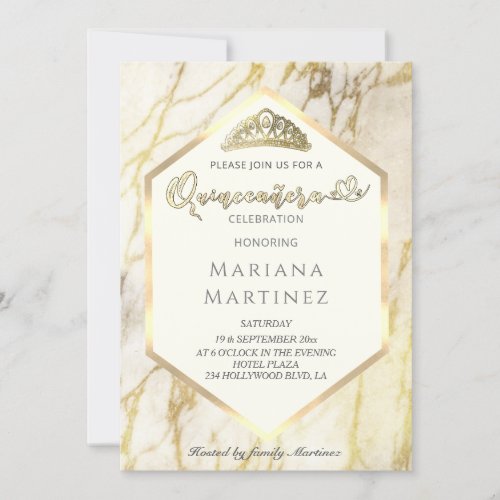 Gold marble geometrical calligraphy Quinceaera Invitation