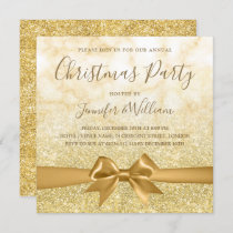 Gold Marble, Glitter & Ribbon Xmas Holiday Party  Invitation