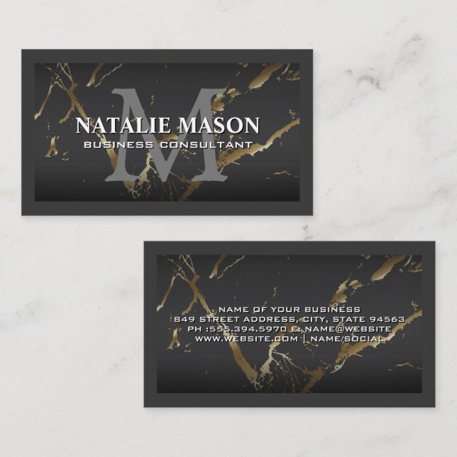 Gold Marble Gray | Monogram Business Card (Front/Back)