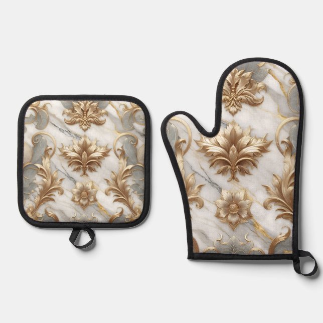 Gold & Marble Kitchen Mitts Oven Mitt & Pot Holder Set (Front)