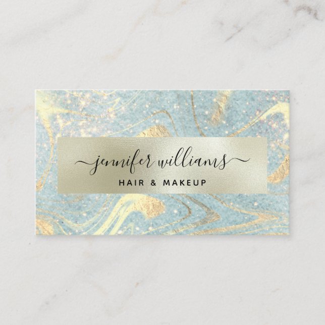 Gold Marble Modern Elegant Blue Makeup Artist Chic Business Card (Front)