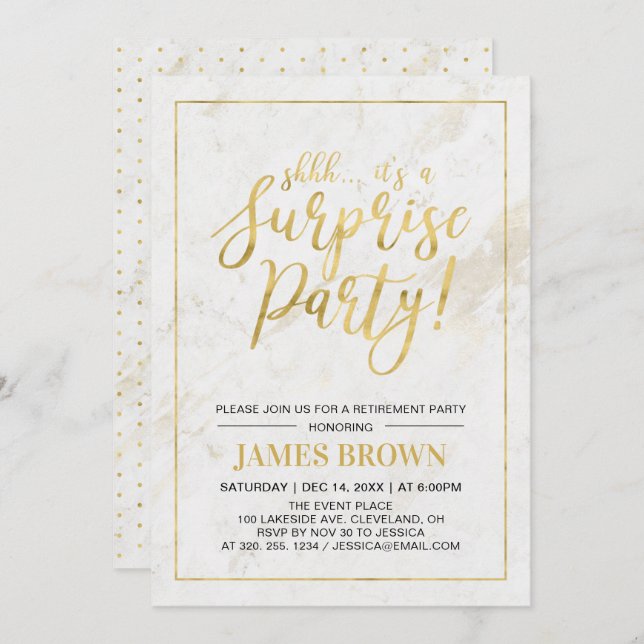 Gold & Marble | Modern Surprise Retirement Party Invitation (Front/Back)