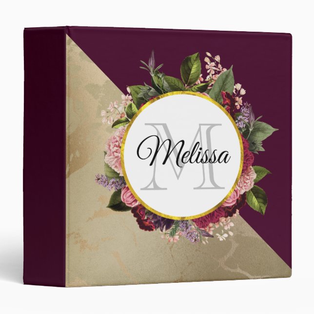 Gold Marble Pattern and Burgundy Floral Monogram 3 Ring Binder (Front/Spine)