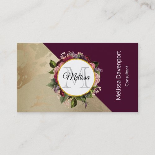 Gold Marble Pattern and Burgundy Floral Monogram Business Card