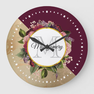 Gold Marble Pattern and Burgundy Floral Monogram Large Clock