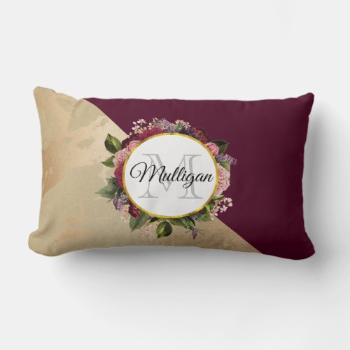 Gold Marble Pattern and Burgundy Floral Monogram Lumbar Pillow