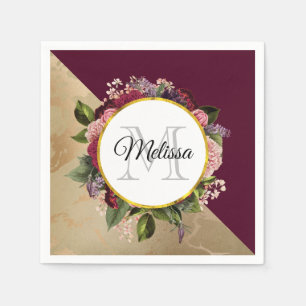 Gold Marble Pattern and Burgundy Floral Monogram Napkins