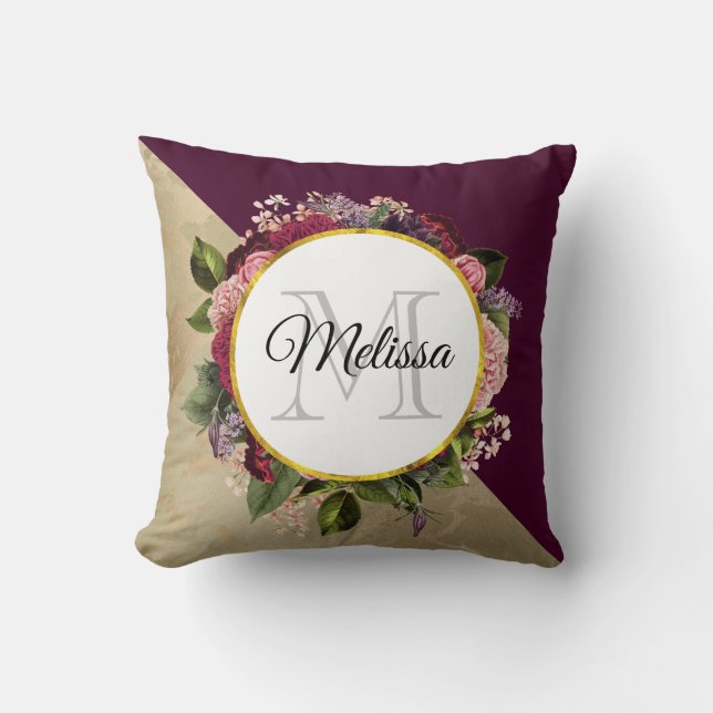 Gold Marble Pattern and Burgundy Floral Monogram Throw Pillow (Front)