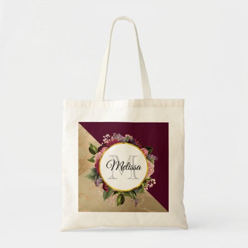 Gold Marble Pattern and Burgundy Floral Monogram Tote Bag