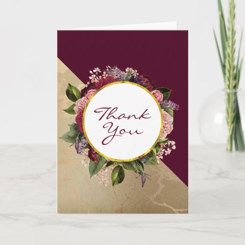 Gold Marble Pattern and Burgundy Floral Thank You Card