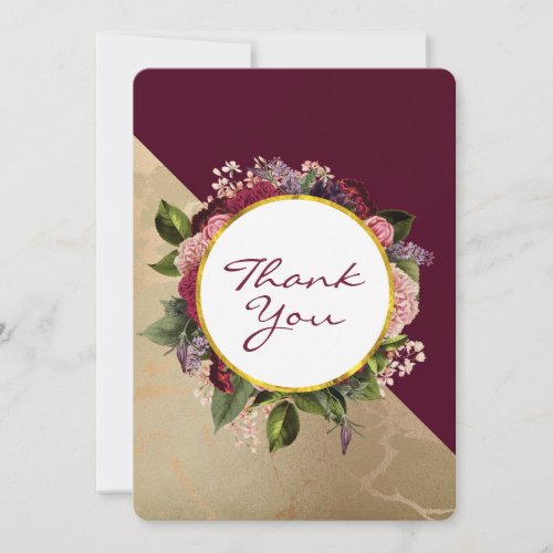 Gold Marble Pattern and Burgundy Floral Thank You Card