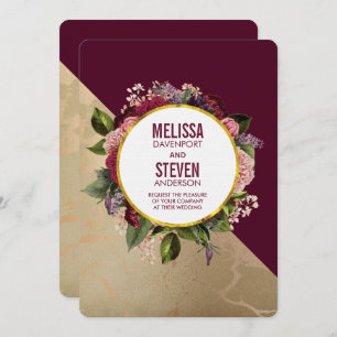 Gold Marble Pattern and Burgundy Floral Wedding Invitation