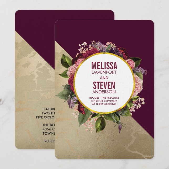 Gold Marble Pattern and Burgundy Floral Wedding Invitation (Front/Back)