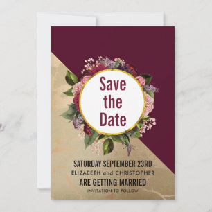 Gold Marble Pattern and Burgundy Floral Wedding Save The Date