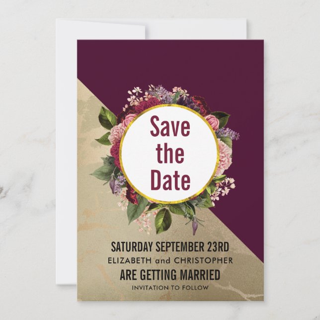 Gold Marble Pattern and Burgundy Floral Wedding Save The Date (Front)