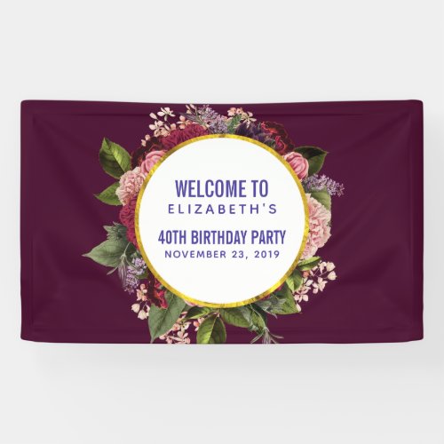 Gold Marble Pattern and Burgundy Florals Birthday Banner