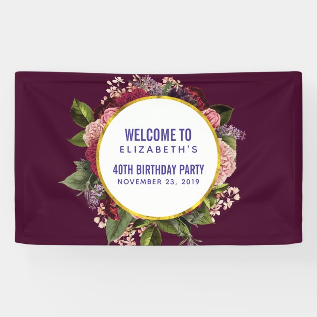Gold Marble Pattern and Burgundy Florals Birthday Banner (Horizontal)