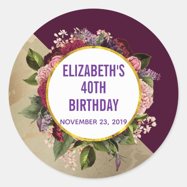 Gold Marble Pattern and Burgundy Florals Birthday Classic Round Sticker (Front)
