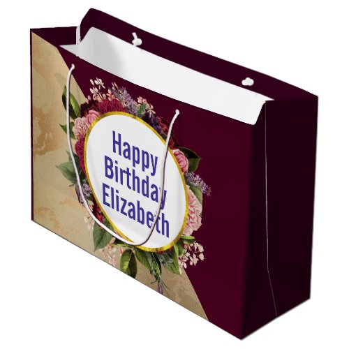 Gold Marble Pattern and Burgundy Florals Birthday Large Gift Bag