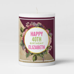 Gold Marble Pattern and Burgundy Florals Birthday Pillar Candle