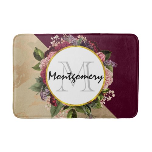 Gold Marble Pattern and Burgundy Florals Monogram Bath Mat