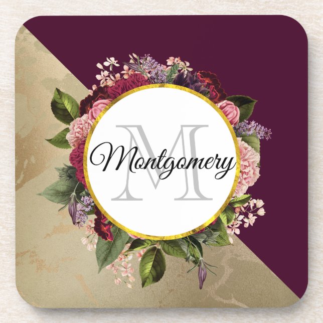 Gold Marble Pattern and Burgundy Florals Monogram Beverage Coaster (Front)