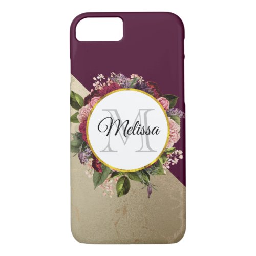 Gold Marble Pattern and Burgundy Florals Monogram iPhone 87 Case