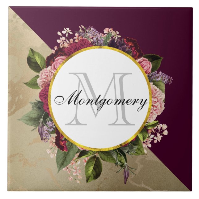 Gold Marble Pattern and Burgundy Florals Monogram Ceramic Tile (Front)