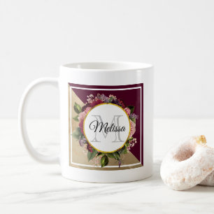 Gold Marble Pattern and Burgundy Florals Monogram Coffee Mug
