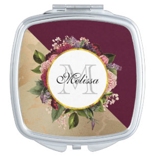 Gold Marble Pattern and Burgundy Florals Monogram Compact Mirror